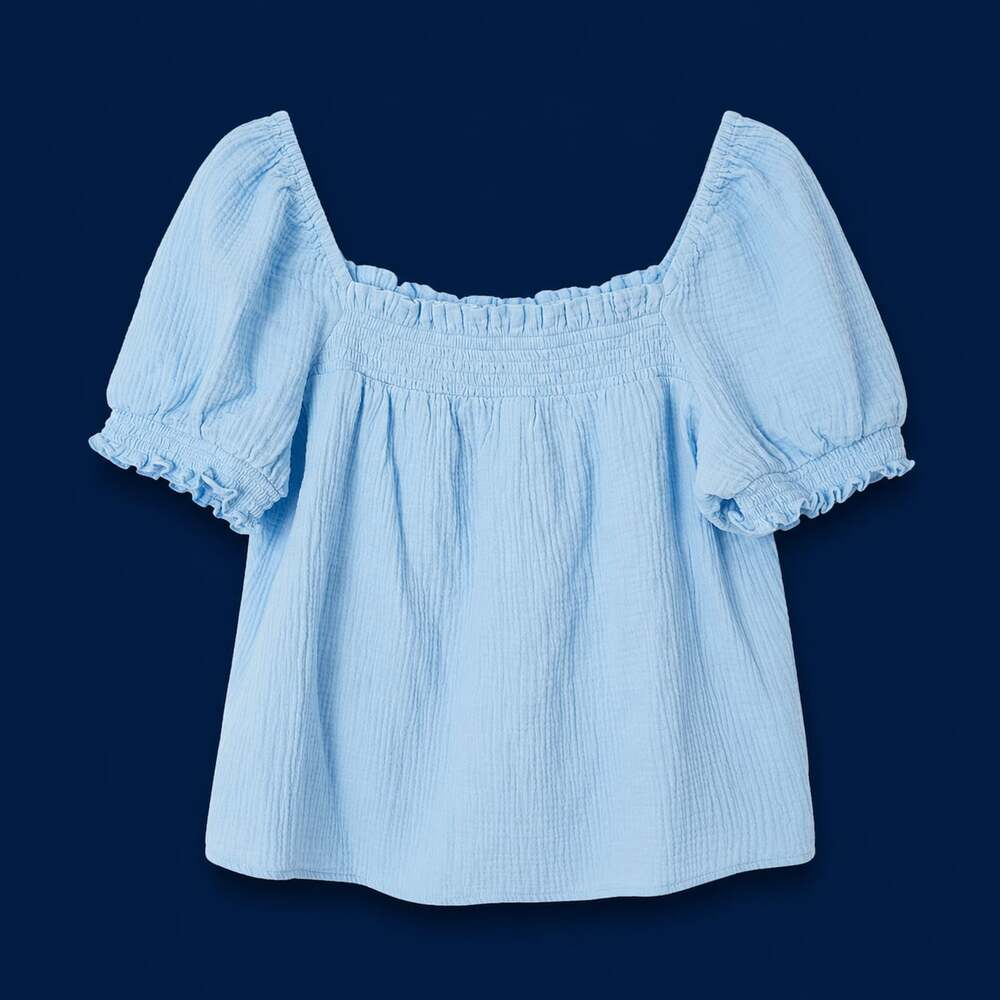 J.Crew Light Blue Gauze Square-Neck Smocked Puff Sleeve Top
